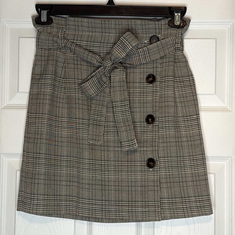Eesome Plaid Mini Skirt with Bow Tie Belt & Button Front